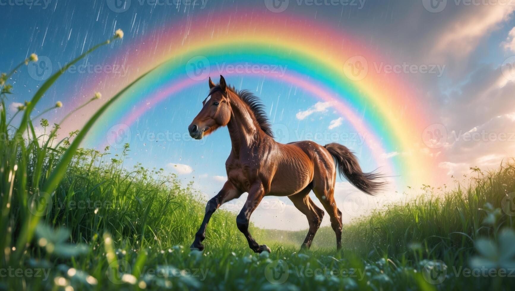 Majestic horse galloping through a lush green field under a vibrant rainbow after rain photo