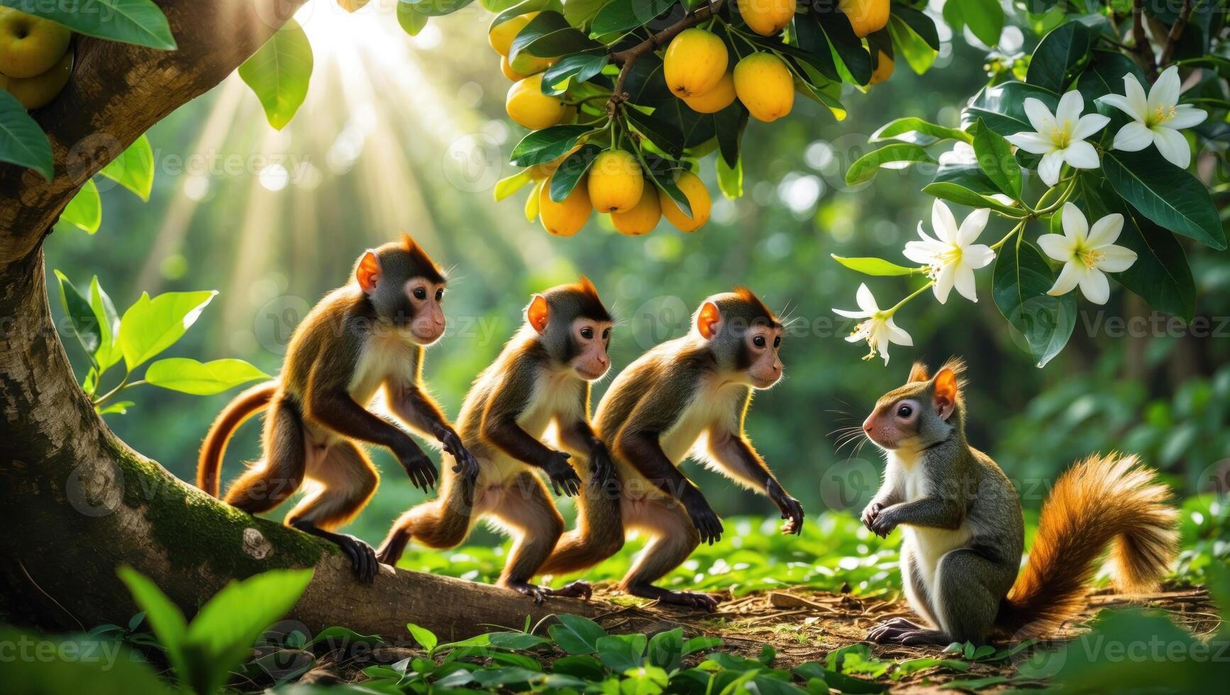 Playful monkeys exploring a lush garden with citrus trees and flowers under warm sunlight photo