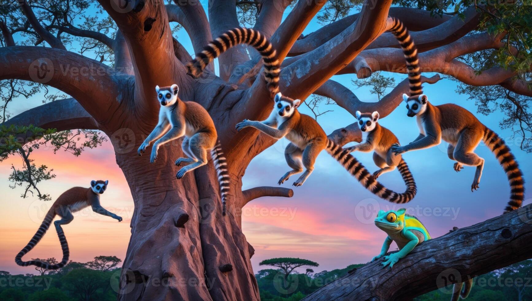 Playful lemurs climbing a vibrant tree at sunset, with a colorful frog observing nearby in a lush environment photo