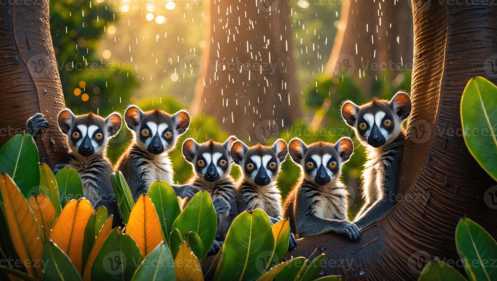 A group of playful lemurs perched on tree branches in a vibrant rainforest, surrounded by lush greenery and soft sunlight filtering through the leaves photo