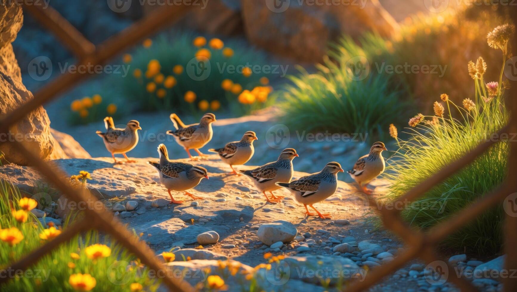 Group of small birds walking along a sunlit path surrounded by vibrant flowers and rocks photo
