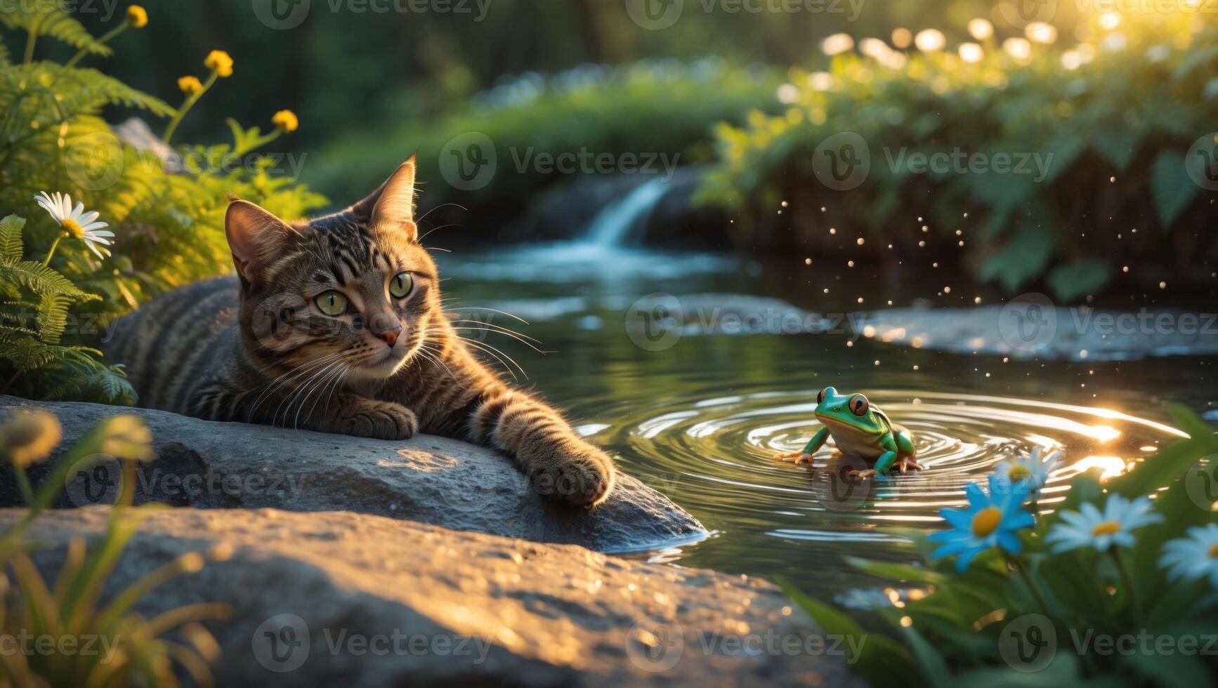 A playful tabby cat curiously observes a colorful frog by a serene stream in a lush, sunlit garden photo