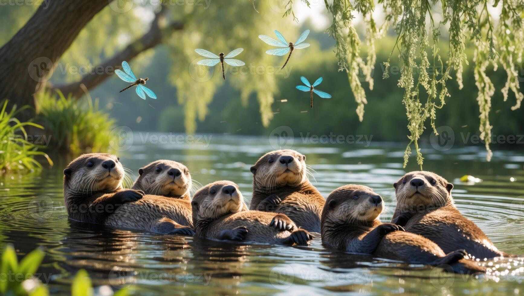 A playful group of otters floating together in a serene river, surrounded by lush greenery and dragonflies photo
