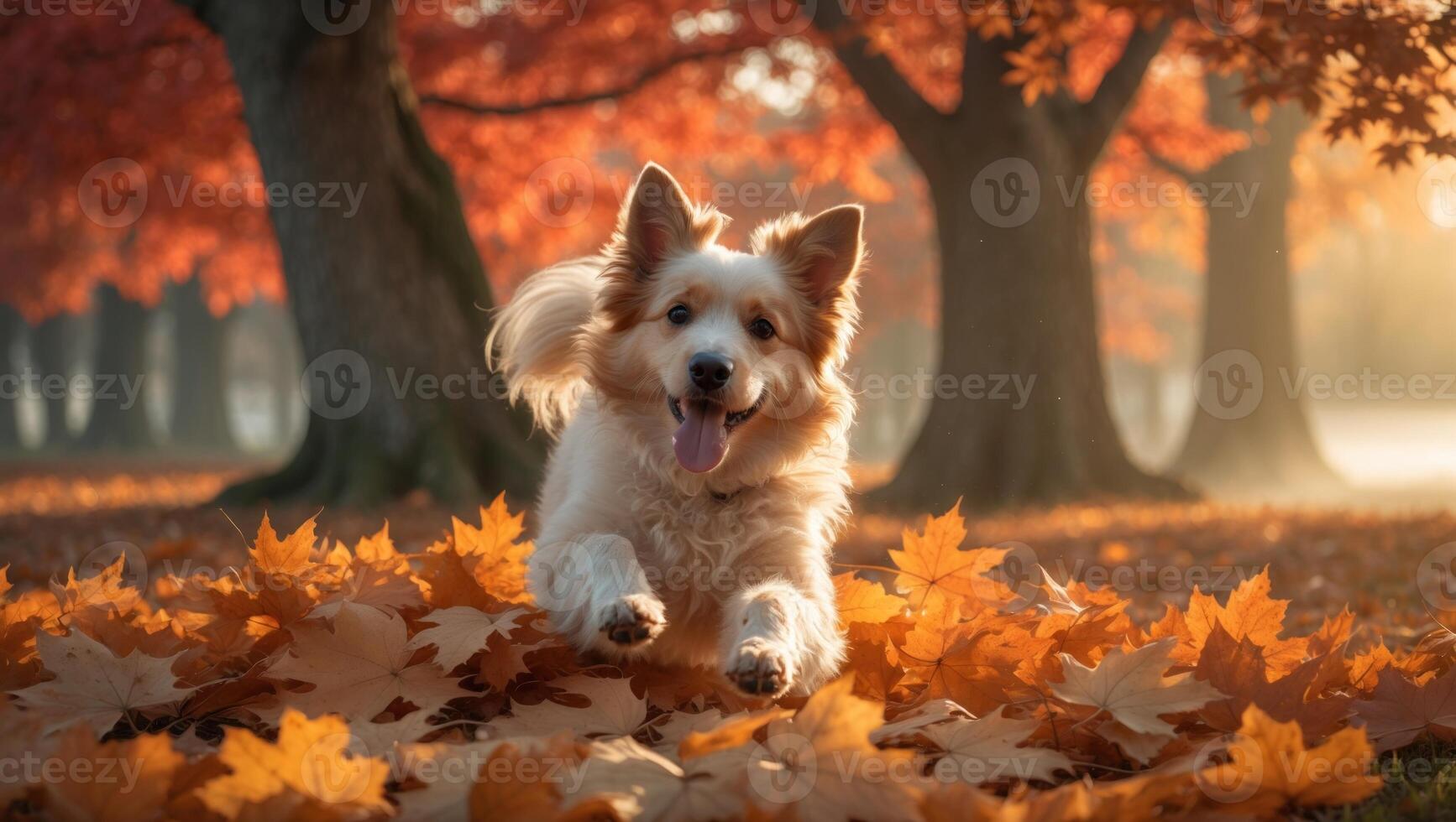 Playful dog running through a vibrant autumn forest filled with colorful fallen leaves photo