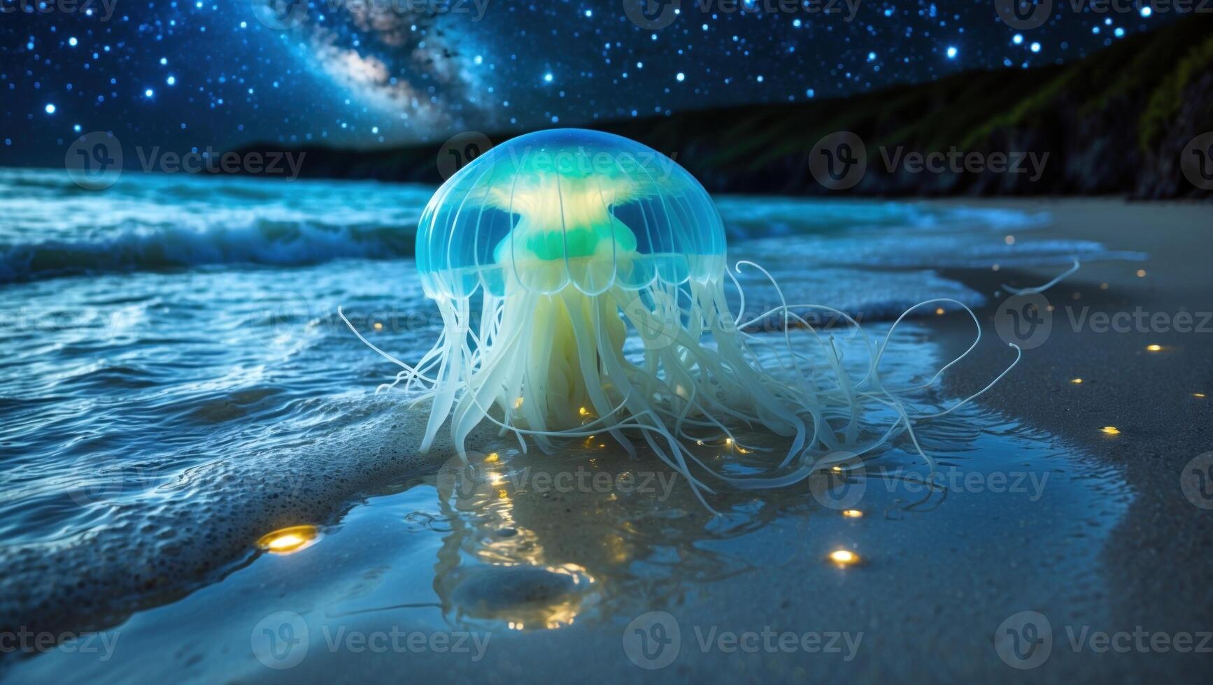Ethereal jellyfish glowing on a serene beach under a starry night sky with distant mountains photo