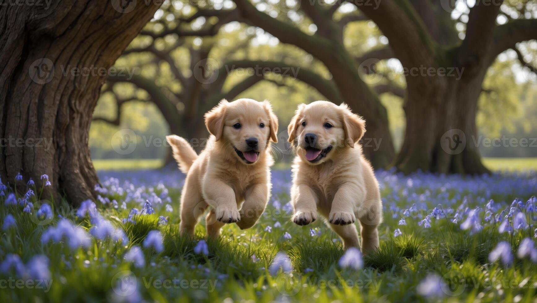 Two playful golden retriever puppies joyfully running through a field of bluebells under large trees photo