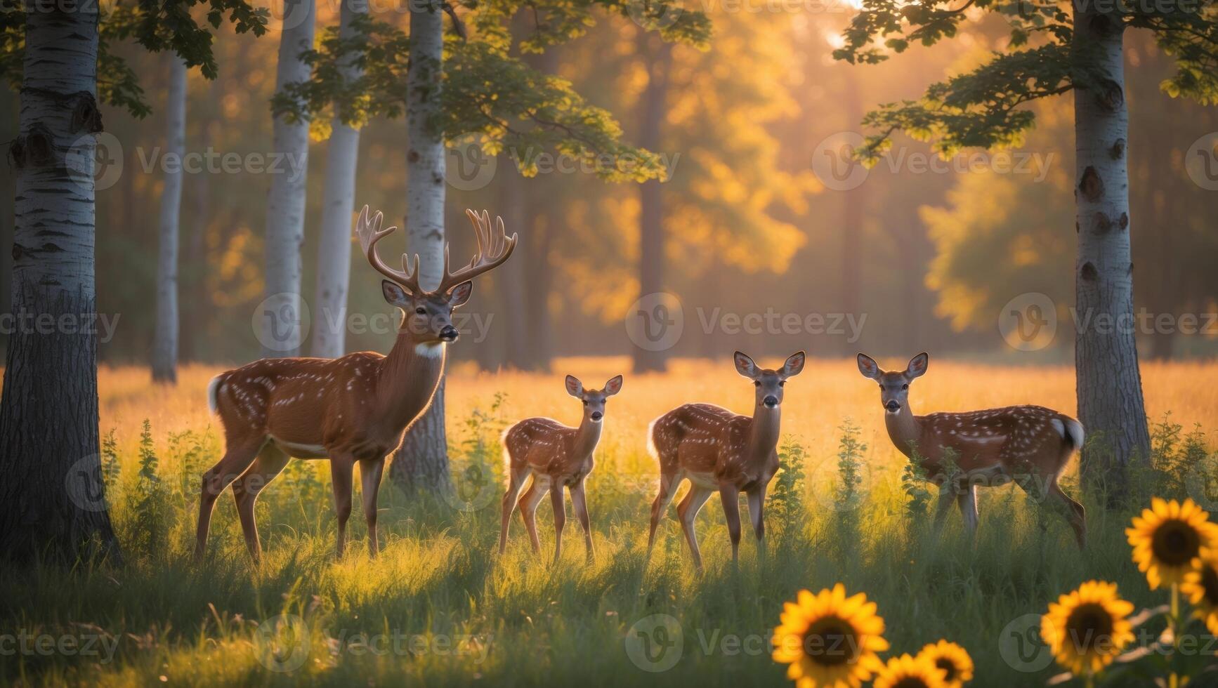 A serene scene of a deer family in a sunlit forest clearing with sunflowers in the foreground photo