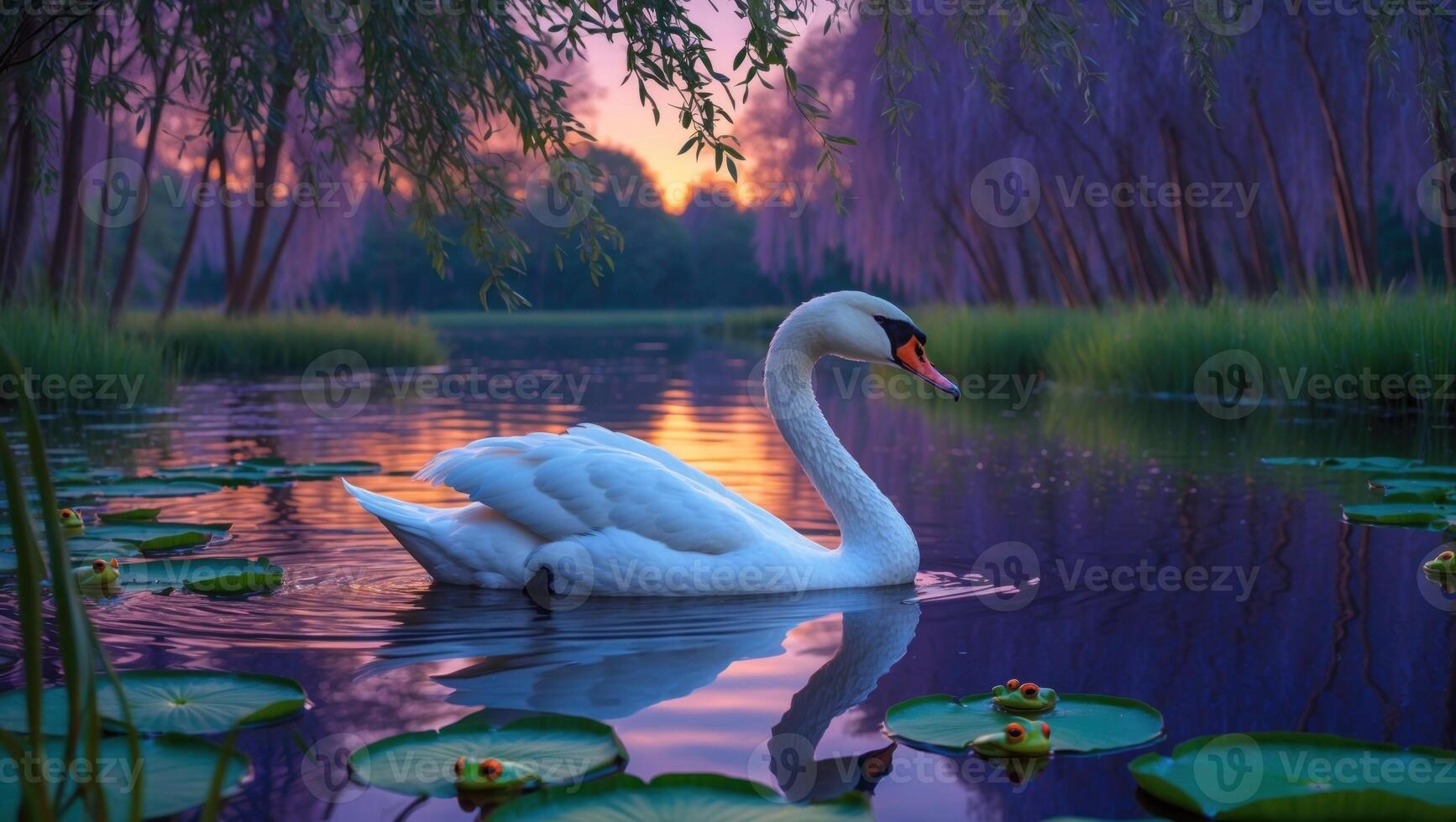 Elegant swan gliding through serene waters surrounded by lily pads at sunset in a tranquil landscape photo