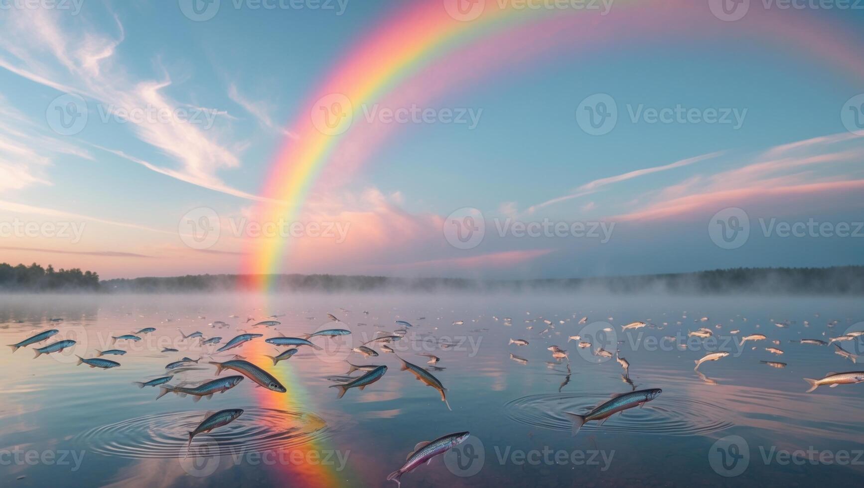 Vibrant rainbow arching over a serene lake with fish jumping in the foreground at dawn photo
