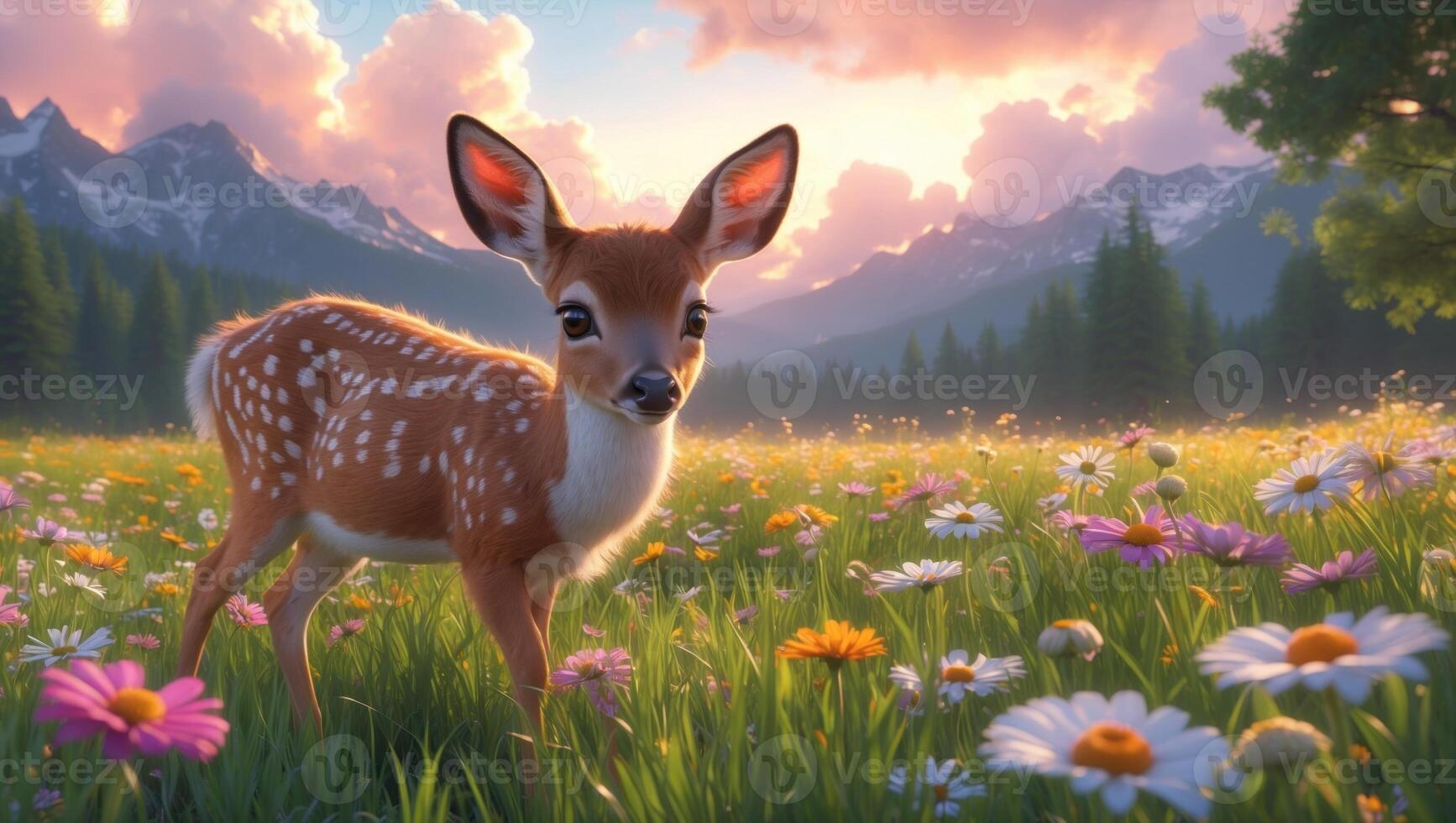 A fawn stands gracefully in a vibrant meadow filled with wildflowers under a colorful sunset sky photo