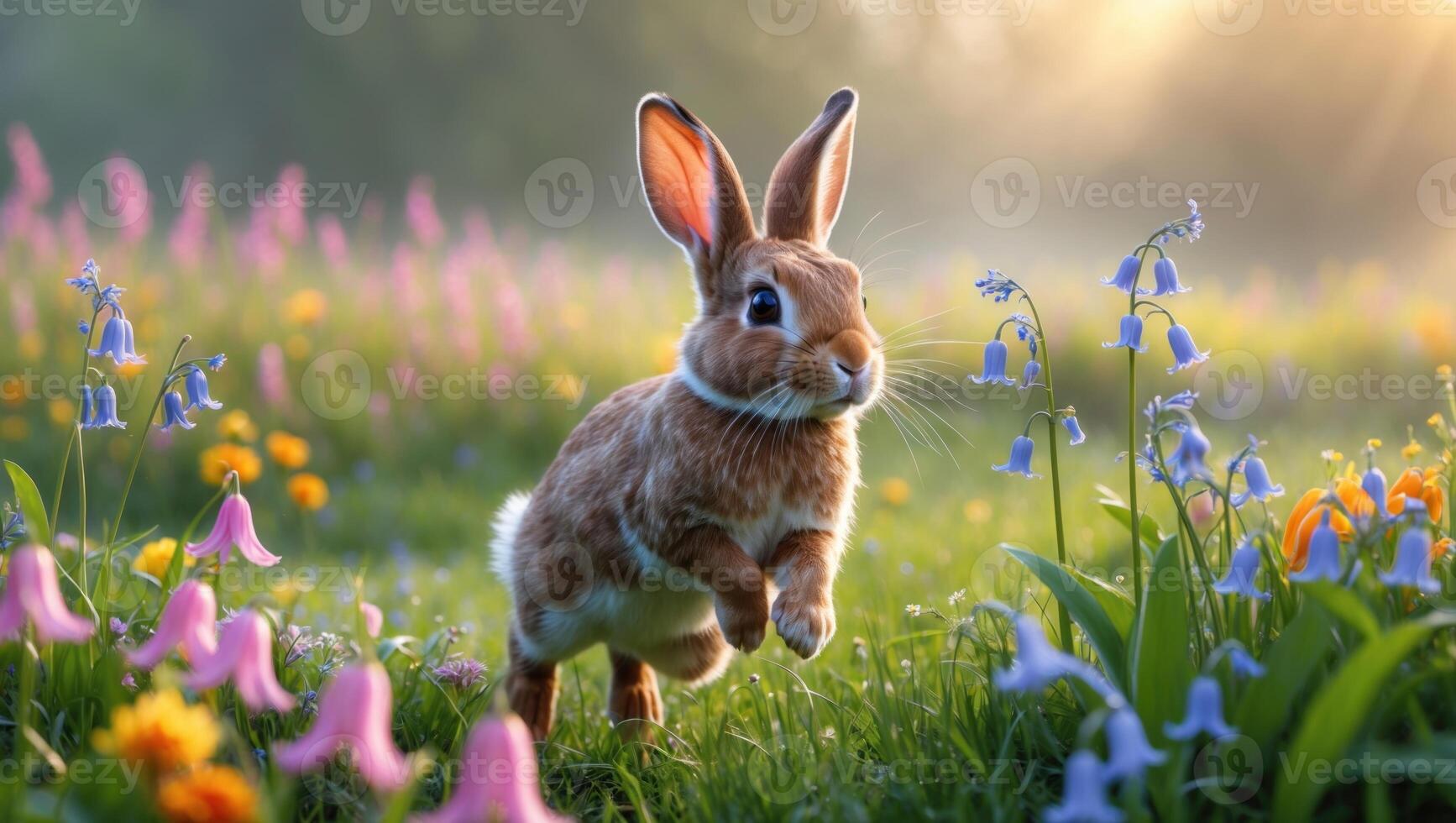 A playful rabbit leaps through a vibrant flower field during a sunny spring morning photo