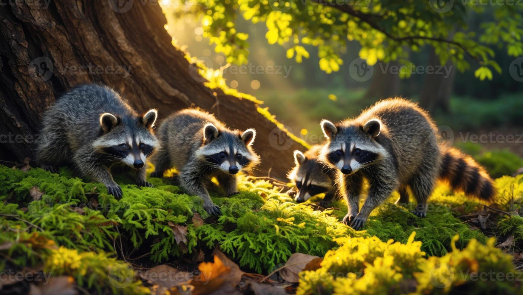 Four raccoons exploring a sunlit forest floor, surrounded by vibrant moss and trees in the background photo
