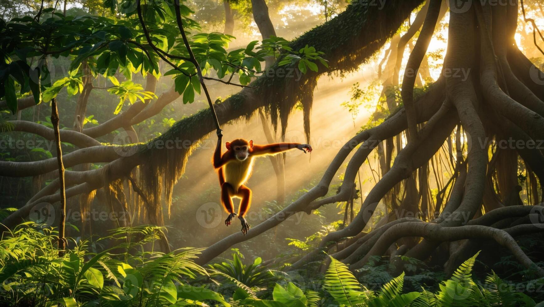 Monkey swinging from a tree branch in a lush rainforest with sunlight filtering through foliage photo