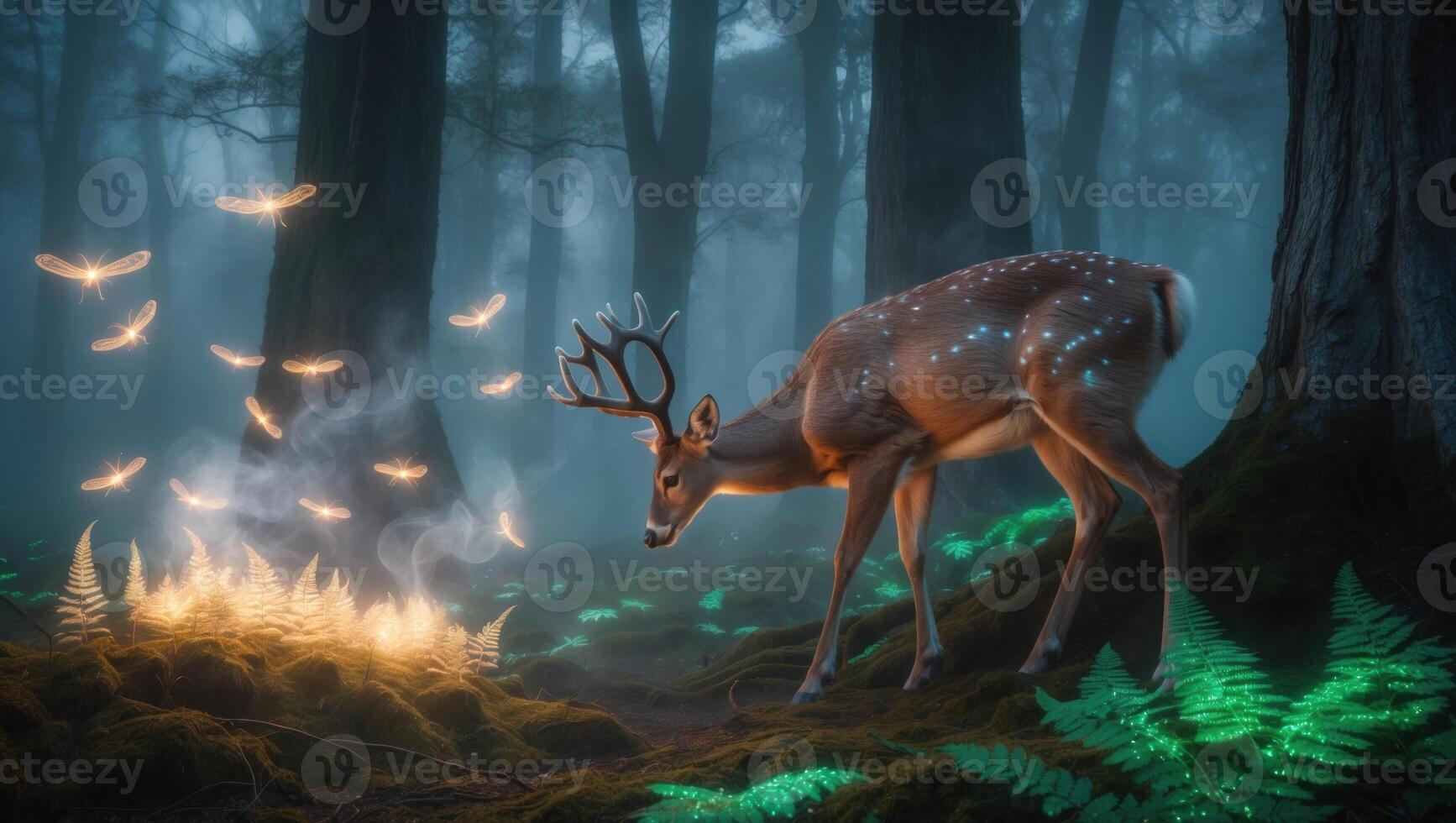 Serene deer grazing in a mystical forest illuminated by glowing ferns and ethereal lights photo