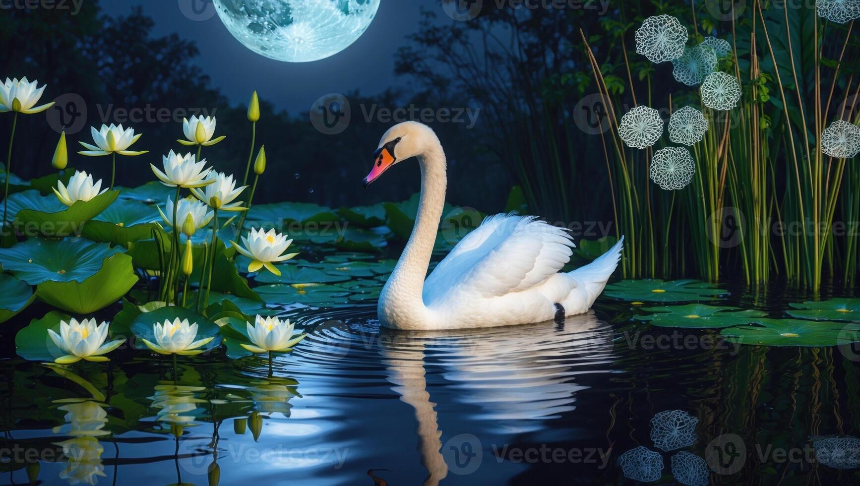 Serene swan gliding on a moonlit pond surrounded by blooming water lilies and lush greenery photo