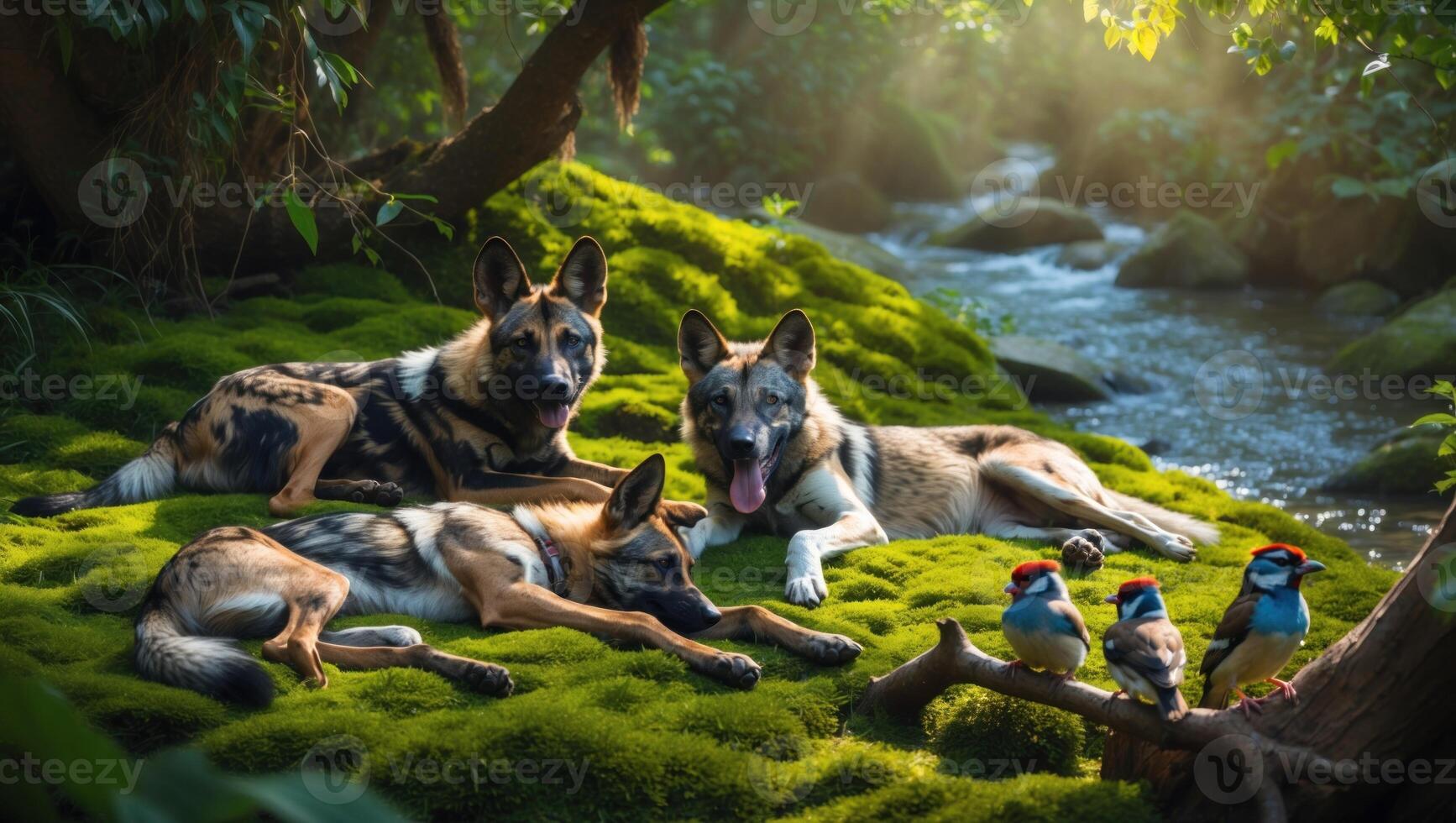 Three dogs resting on lush green moss by a serene stream, with colorful birds nearby in a tranquil forest photo