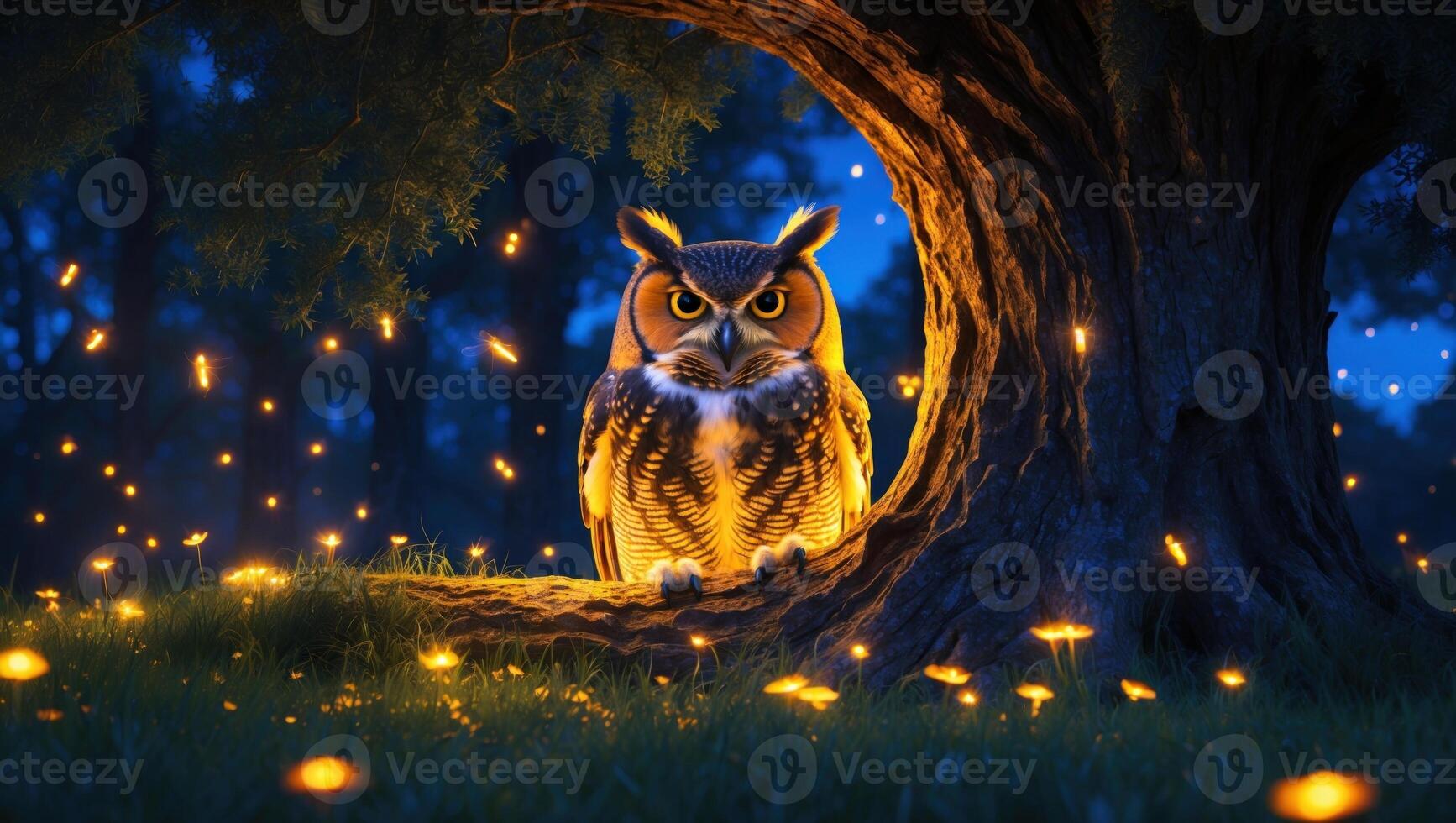 Majestic owl perched in a glowing tree hollow, surrounded by fireflies in a serene twilight forest photo