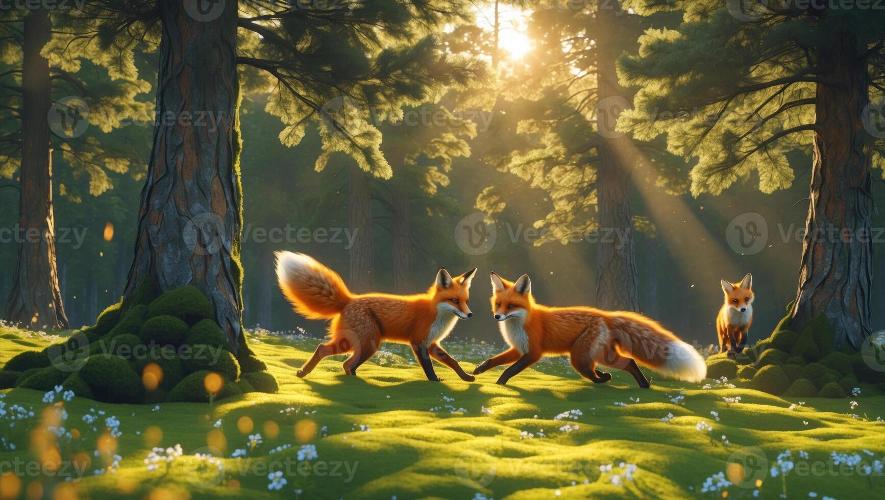 Two playful foxes interact in a sunlit forest clearing, with a third fox observing nearby among trees photo