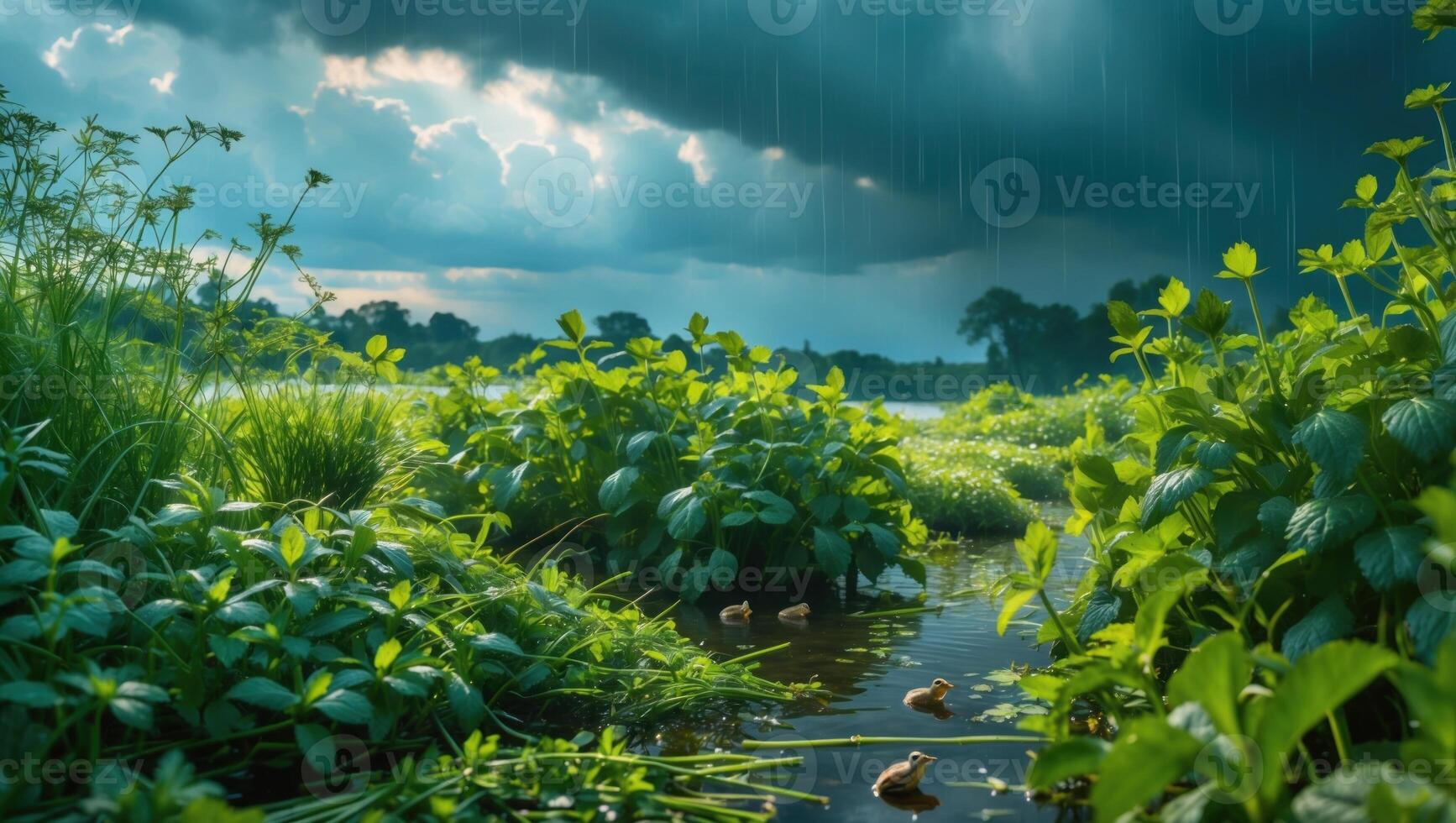 Serene wetland landscape with lush greenery and rain clouds, showcasing nature's tranquility photo