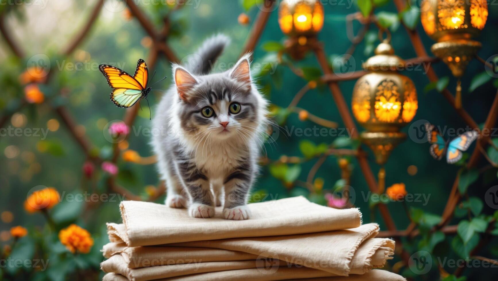 Playful kitten standing on soft fabric with vibrant flowers and glowing lanterns in the background photo