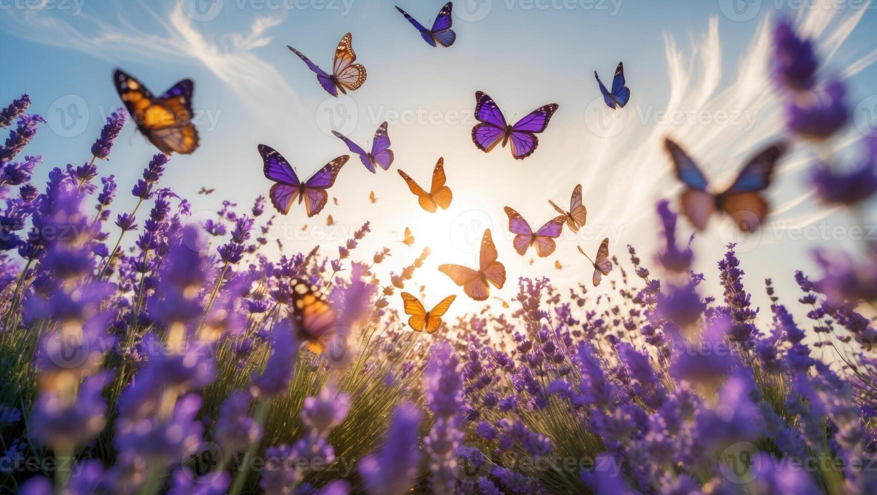 Vibrant butterflies fluttering over a field of lavender during sunset, creating a serene atmosphere photo