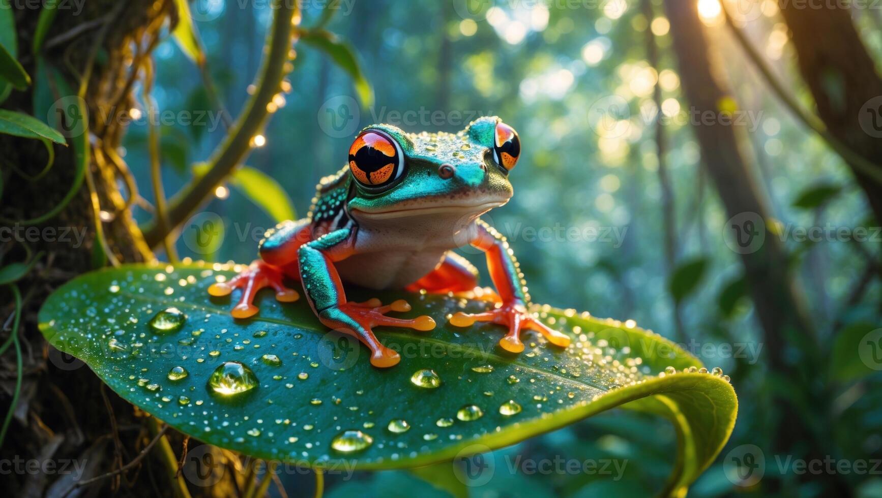 Vibrant red-eyed tree frog perched on a dew-covered leaf in a lush rainforest during sunrise photo