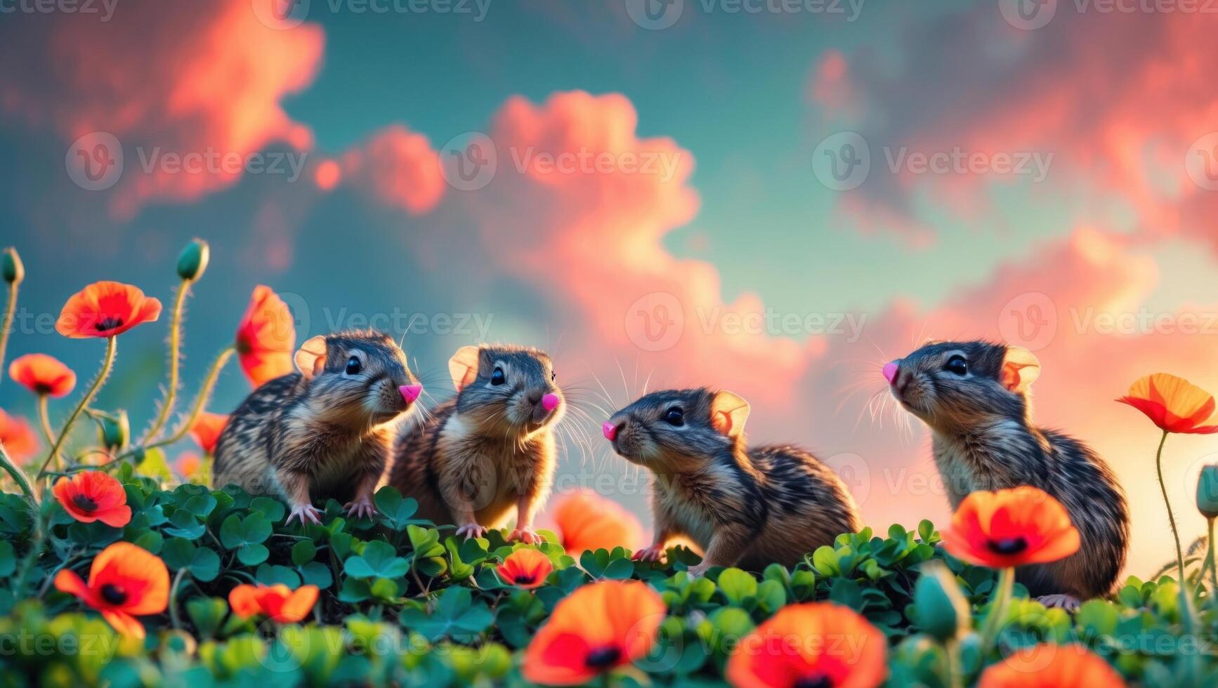 A group of playful chipmunks enjoying a vibrant meadow filled with poppies under a colorful sky photo