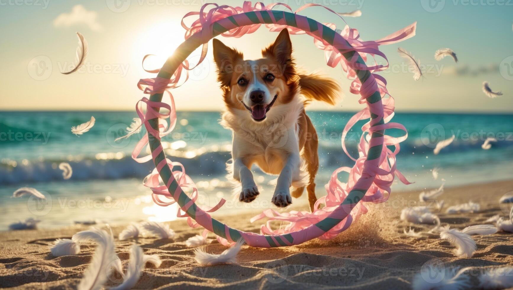 Playful dog jumping through a colorful hoop on a sunny beach with ocean waves and feathers scattered photo
