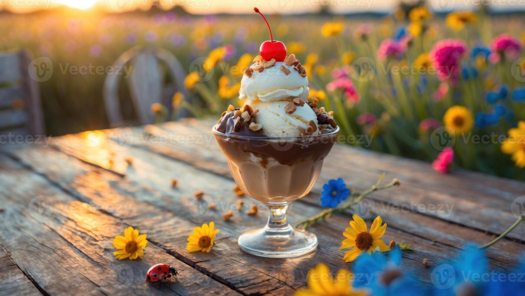 A delicious ice cream sundae topped with a cherry sits on a rustic table surrounded by vibrant flowers at sunset photo