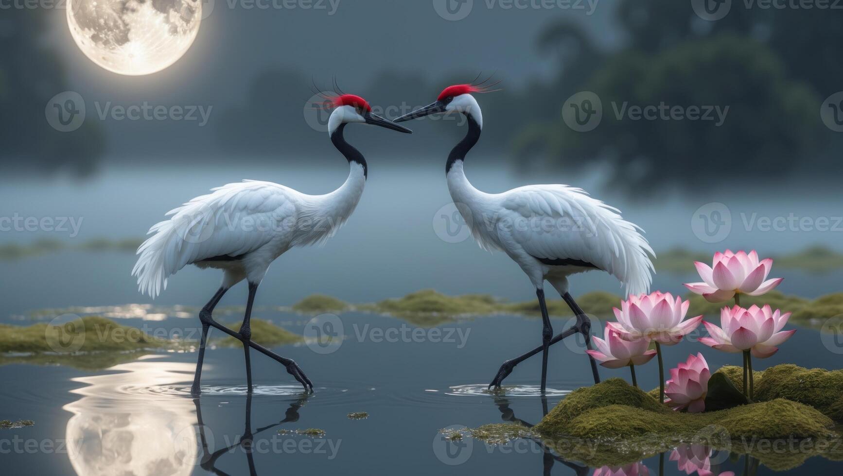 Two elegant cranes stand gracefully in a serene pond, surrounded by blooming lotus flowers under a full moon photo