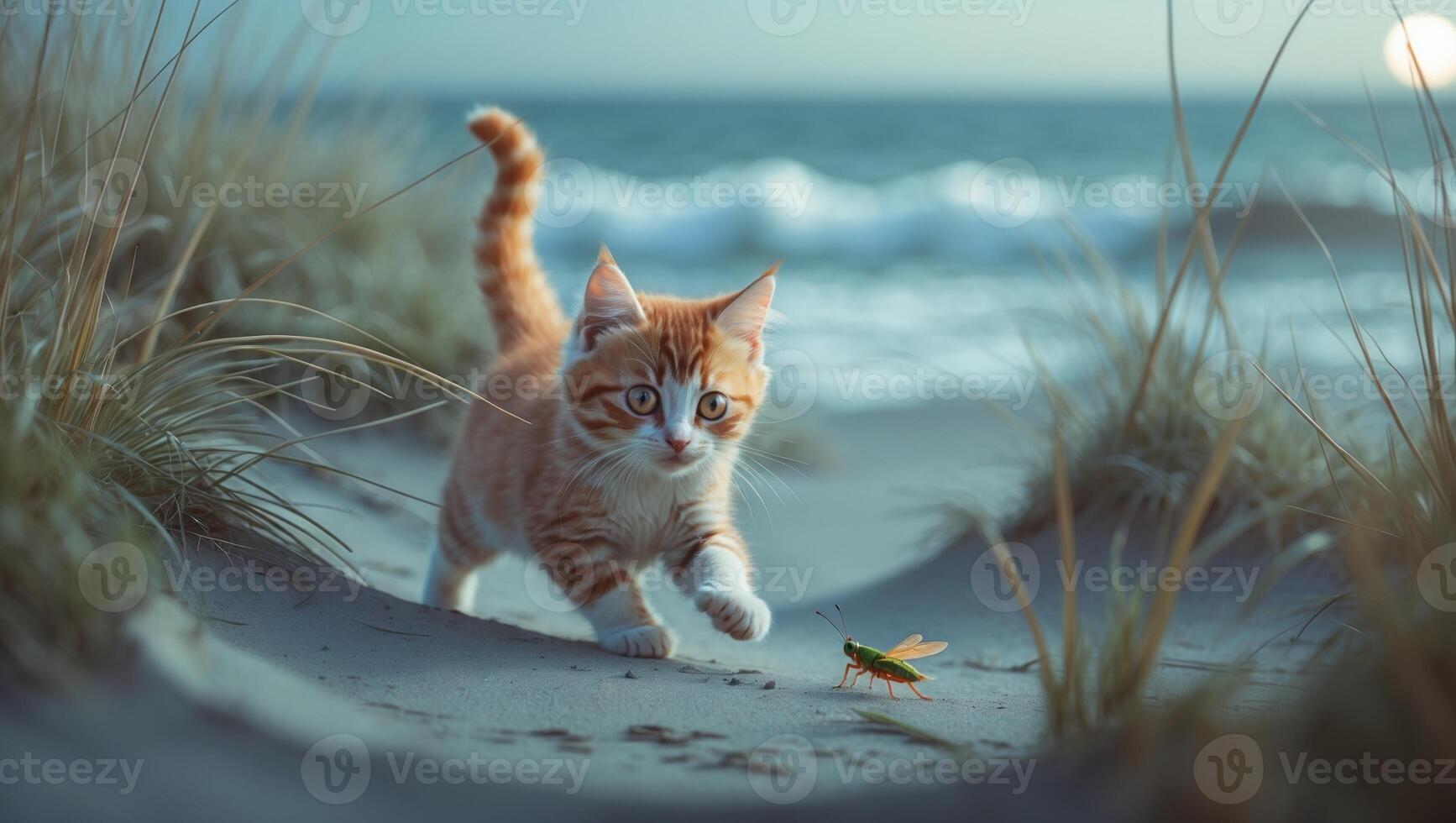 Playful orange tabby cat exploring the sandy beach, chasing a grasshopper with ocean waves in background photo