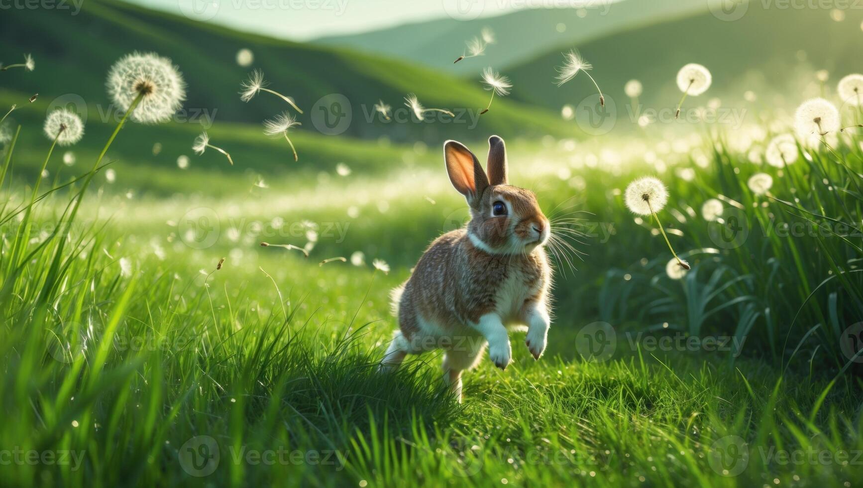 A playful rabbit hops through a vibrant green field filled with dandelions under a bright sky photo