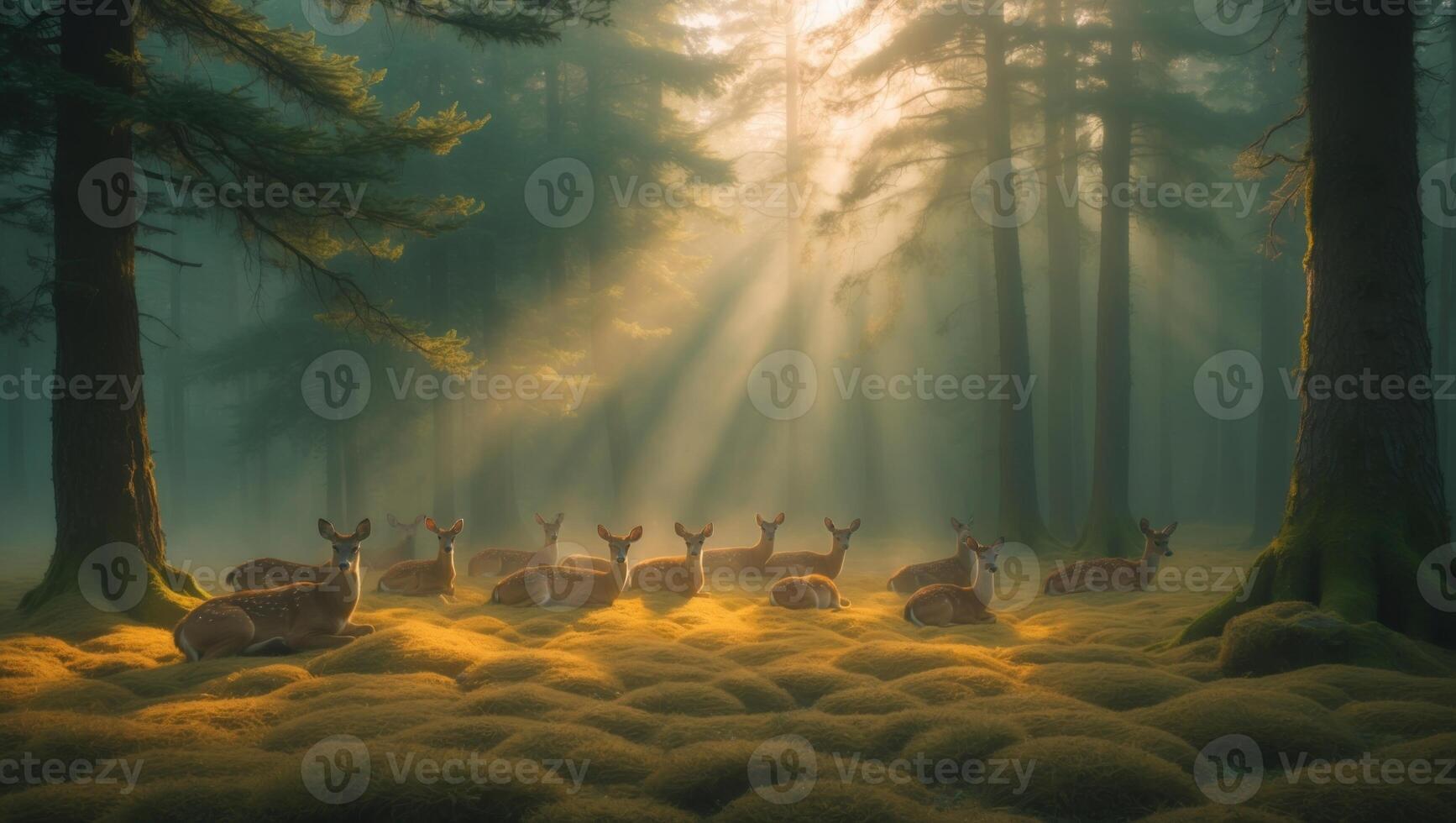 Serene Forest Scene with Deer Grazing Under Sunlight Filtering Through Trees in a Misty Environment photo