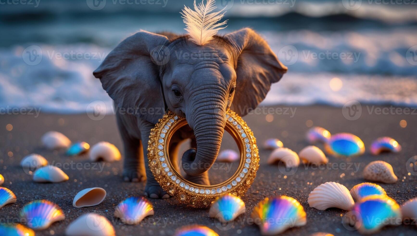 Cute baby elephant playing with a decorative ring on a sandy beach surrounded by colorful seashells photo