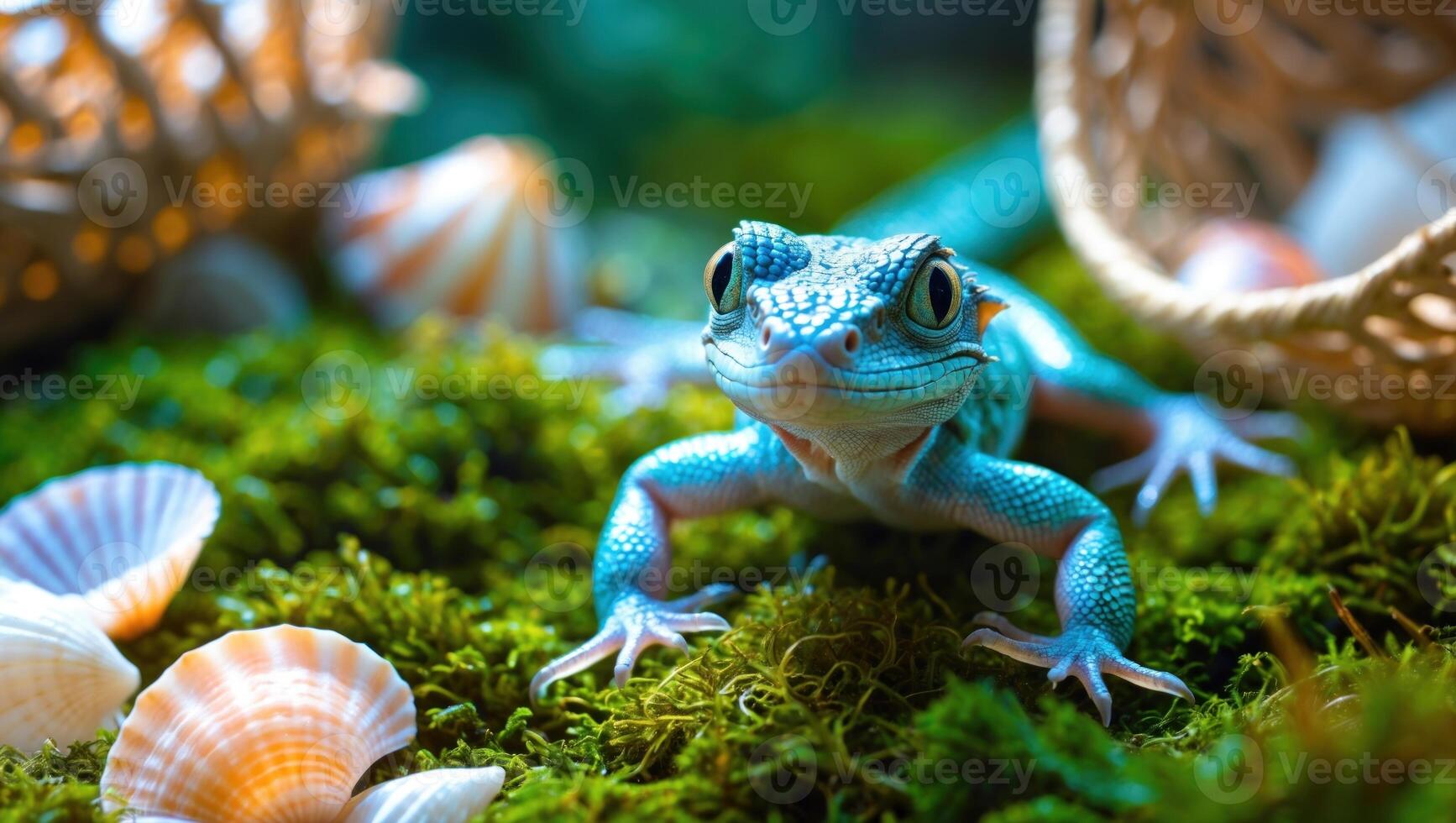 Colorful lizard resting on green moss surrounded by seashells and woven baskets in a serene setting photo