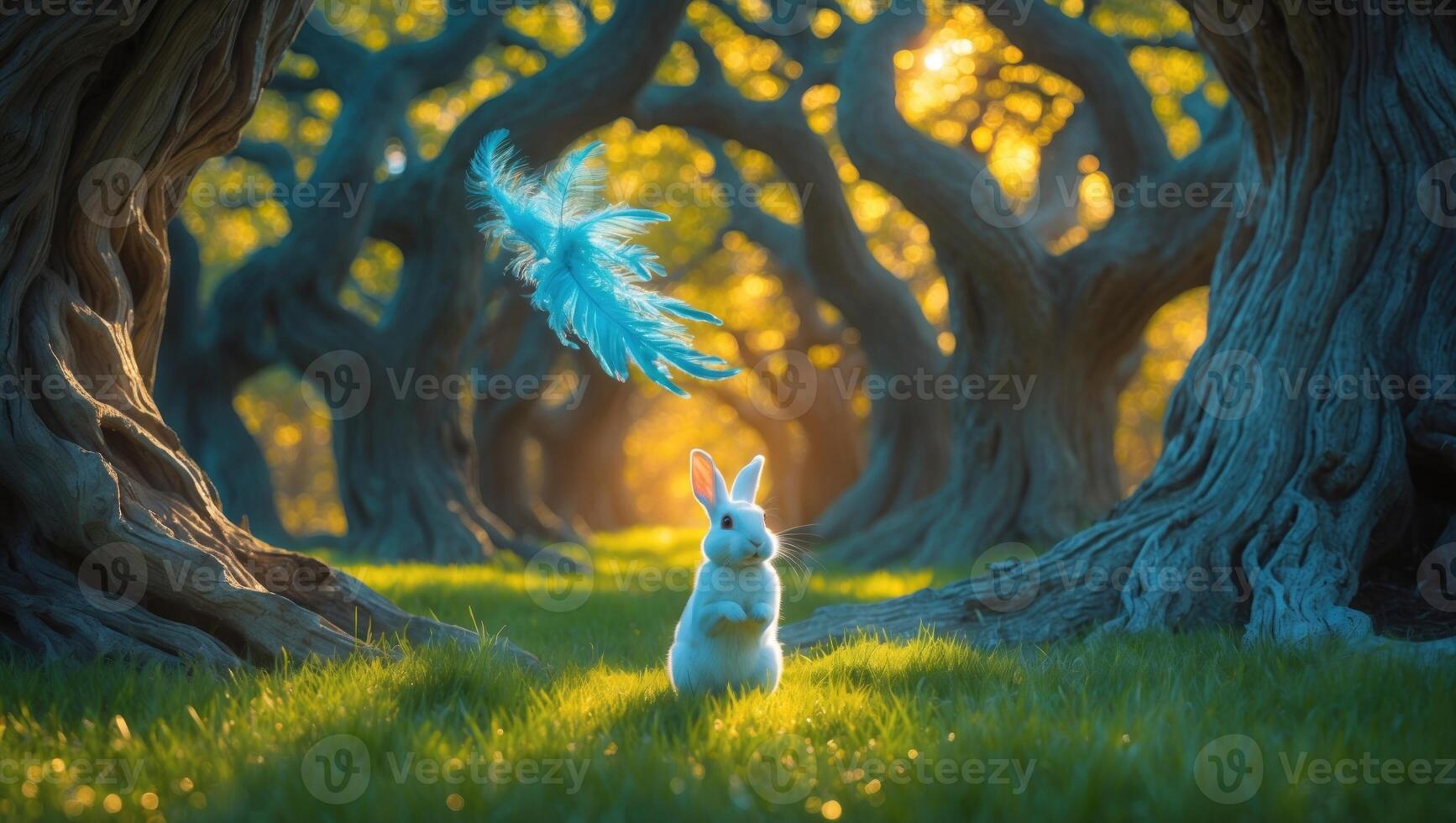 Enchanted forest scene with a curious rabbit gazing at a floating feather amidst mystical trees photo