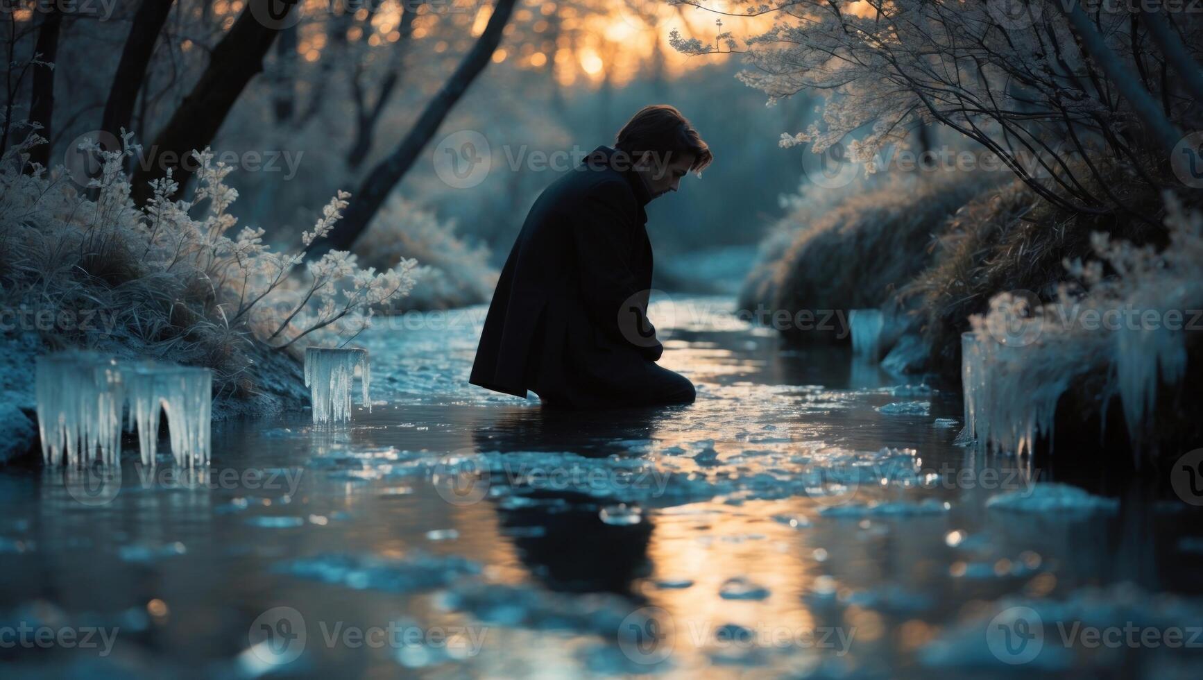 A contemplative figure kneeling in a serene, icy stream surrounded by frosted trees at sunset photo
