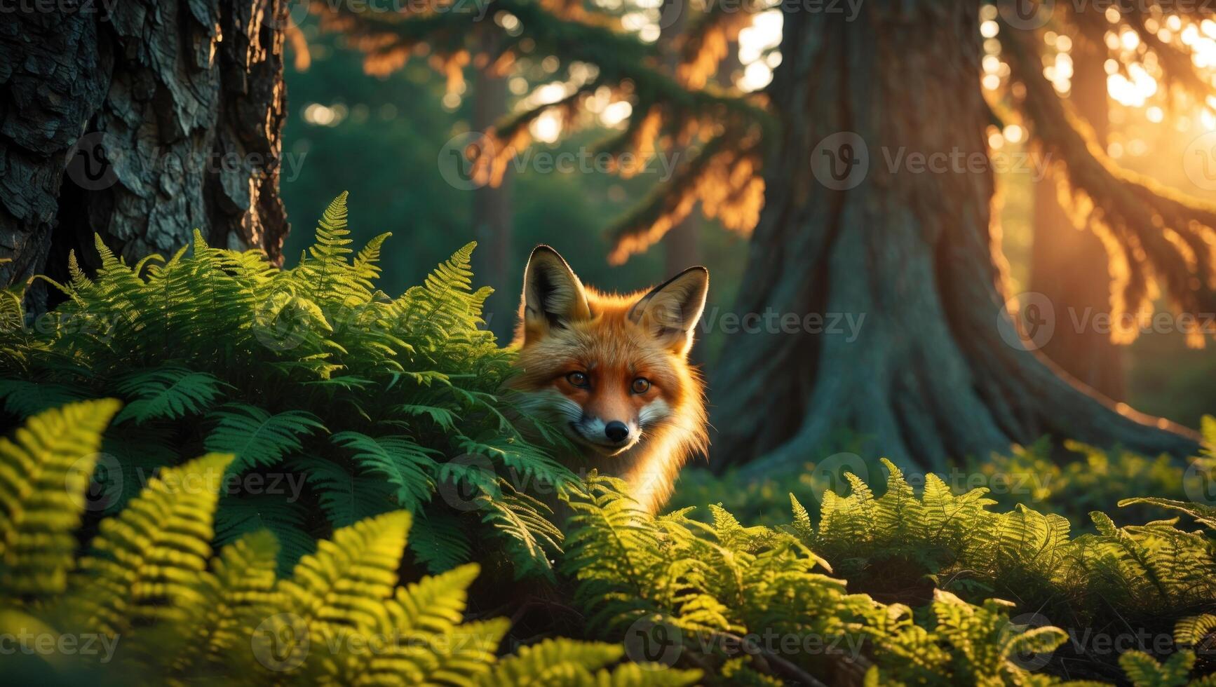 A curious fox peeking through lush ferns in a sunlit forest, surrounded by towering trees at dusk photo