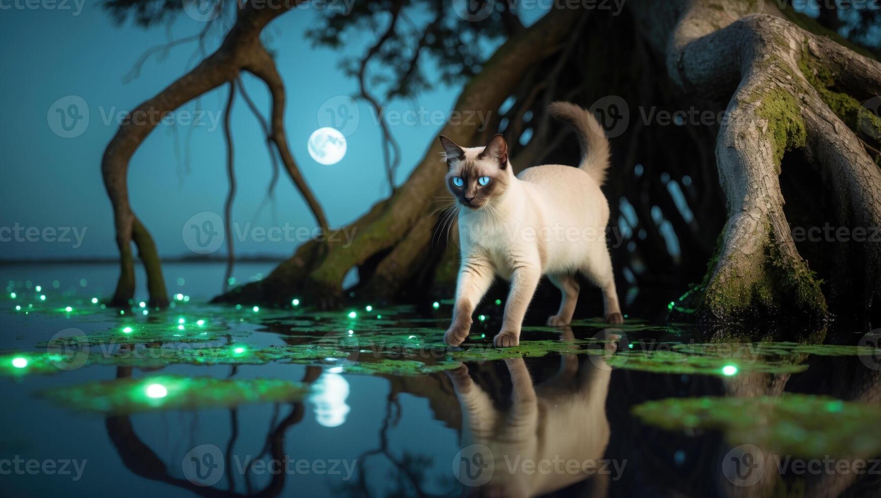 A serene Siamese cat walks gracefully across lily pads at night, illuminated by glowing lights and a full moon photo