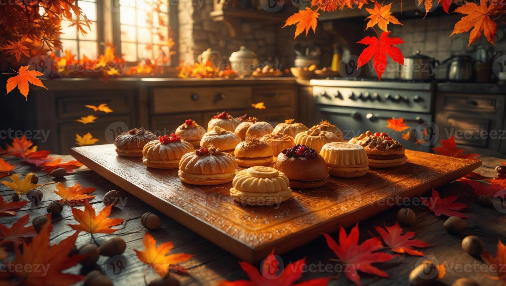 Cozy autumn kitchen scene with assorted pastries on a wooden table surrounded by colorful leaves photo