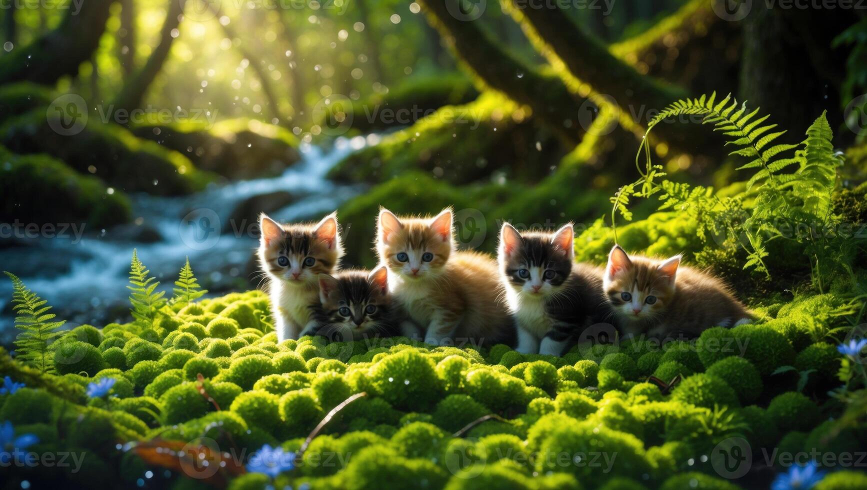 Five playful kittens exploring a lush green forest with a gentle stream and sunlight filtering through trees photo