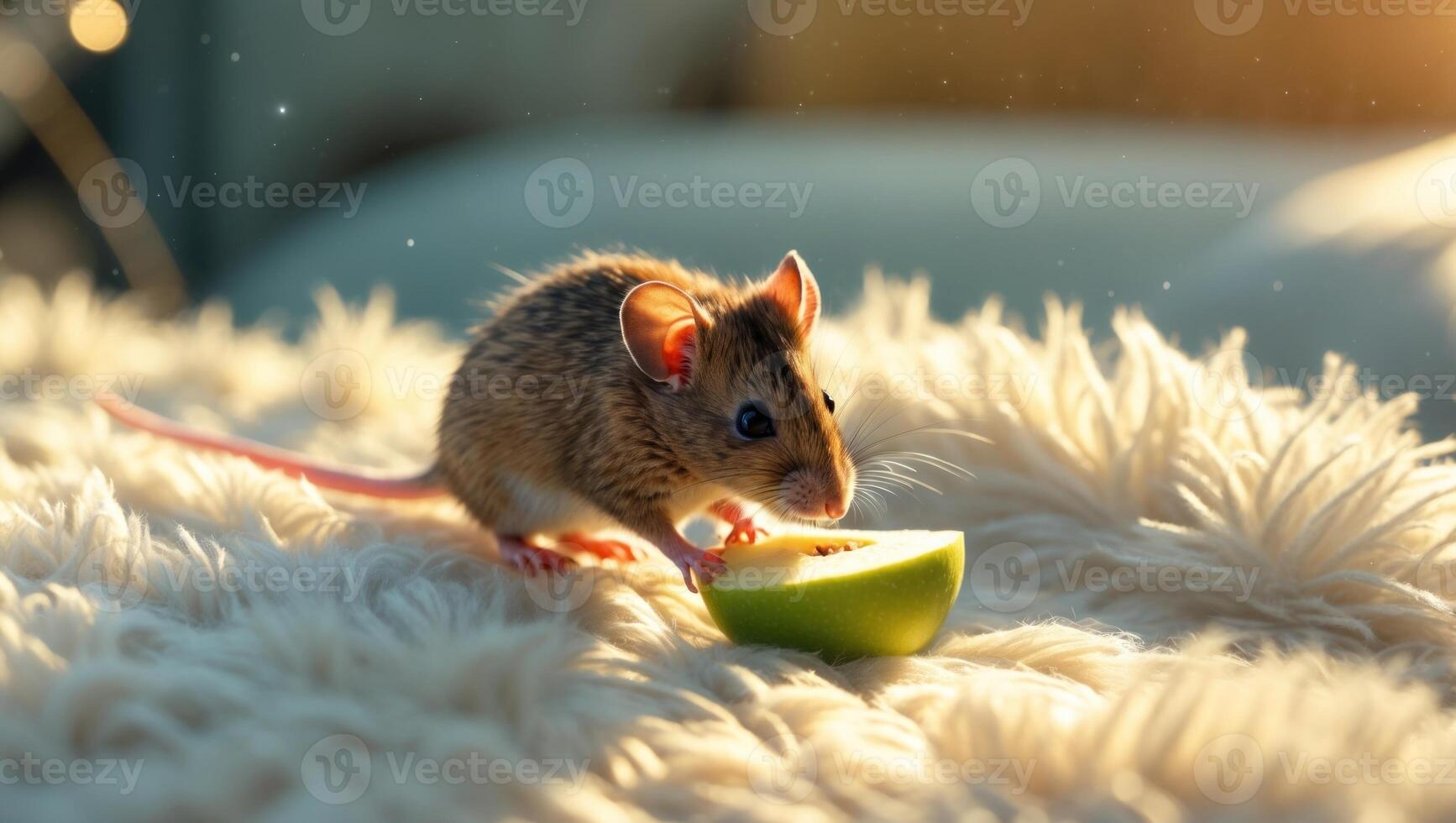 A small mouse nibbling on a slice of green fruit while resting on a fluffy blanket in soft light photo