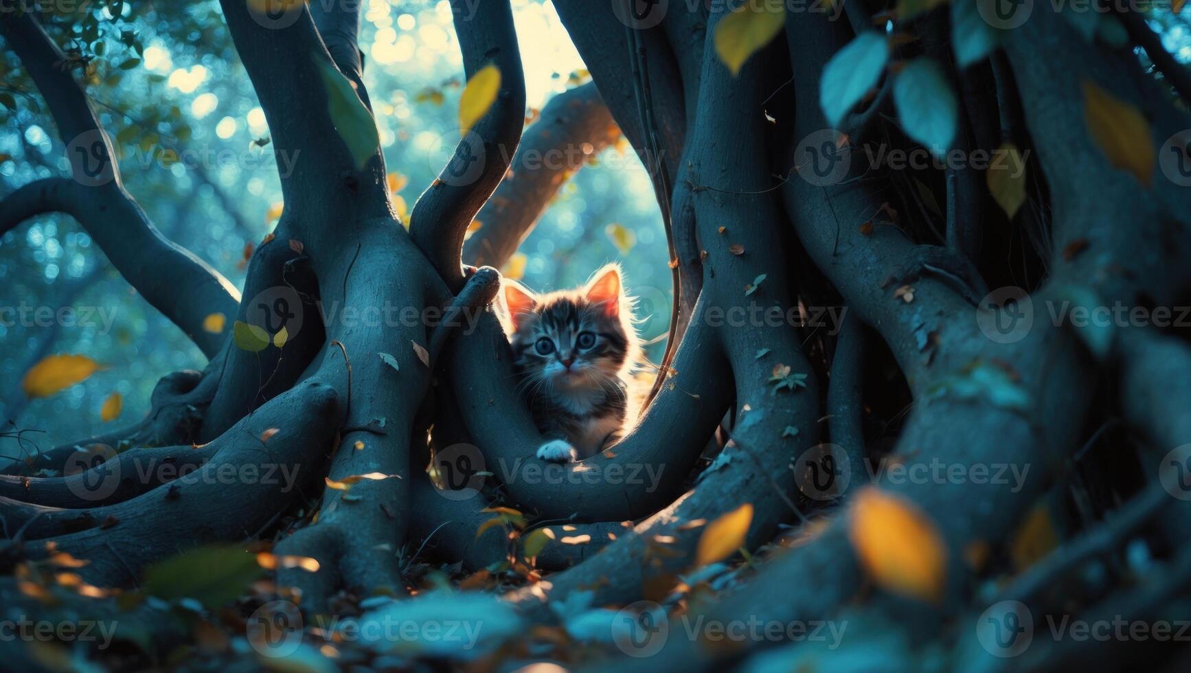 Enigmatic cat resting among twisted roots in a mystical forest illuminated by soft blue light photo