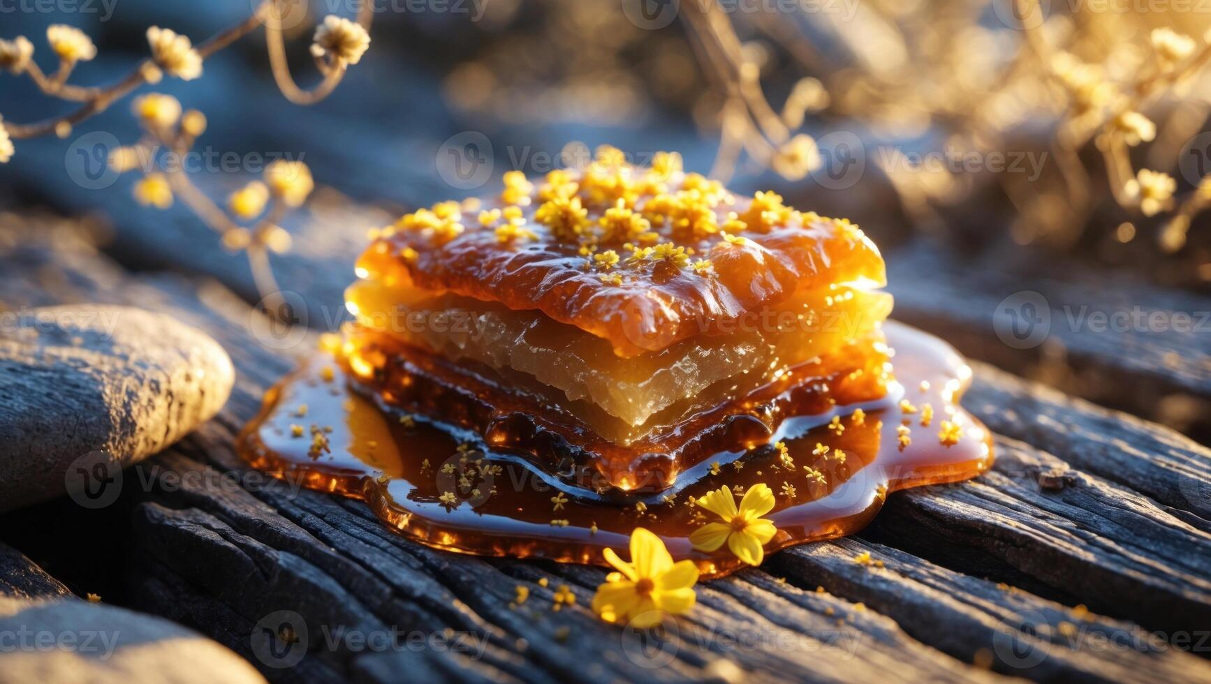 A close-up of layered honeycomb on a rustic wooden surface, adorned with tiny flowers and sunlight photo