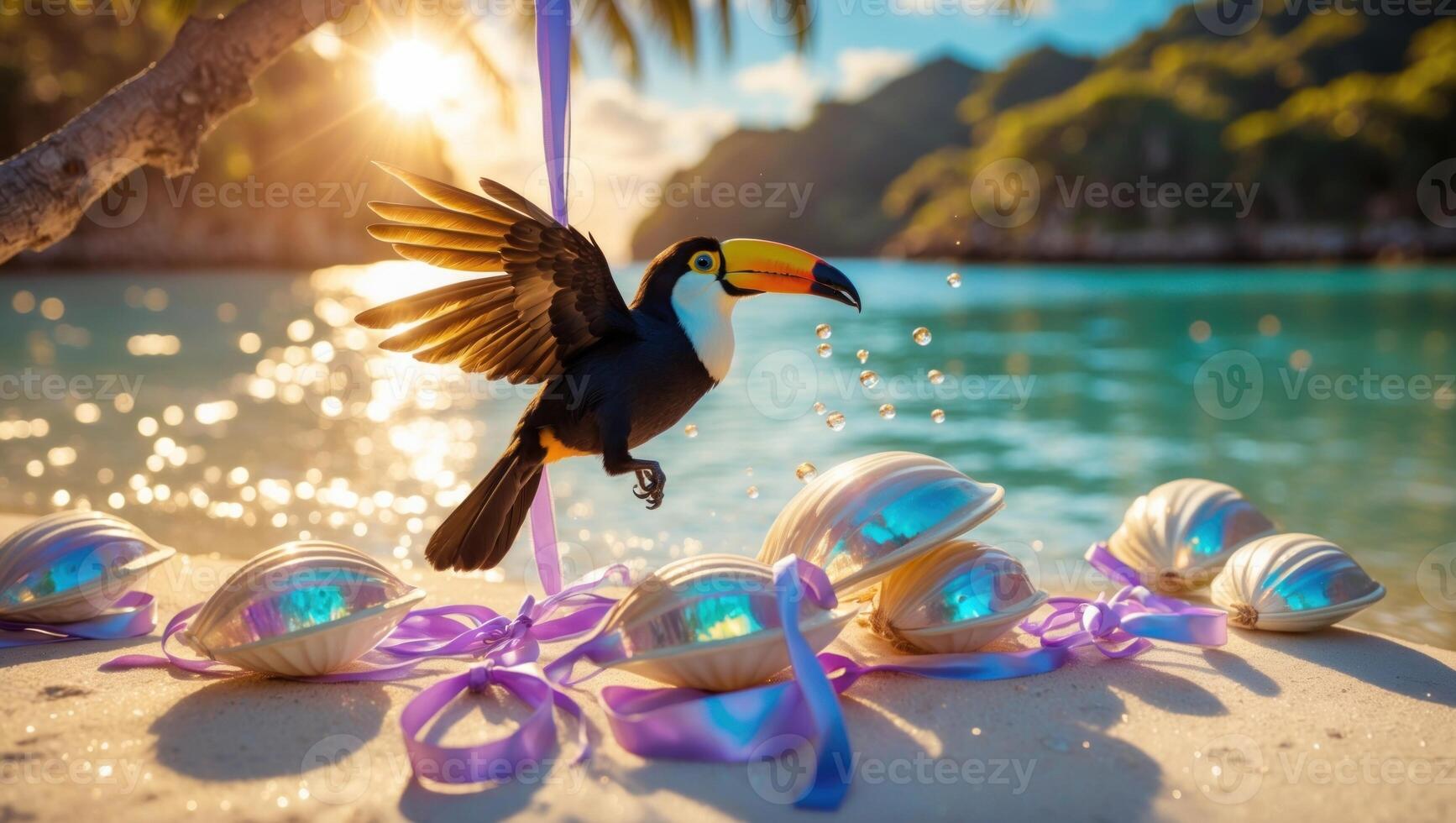 Vibrant toucan in mid-flight over shimmering shells on a tropical beach at sunset photo