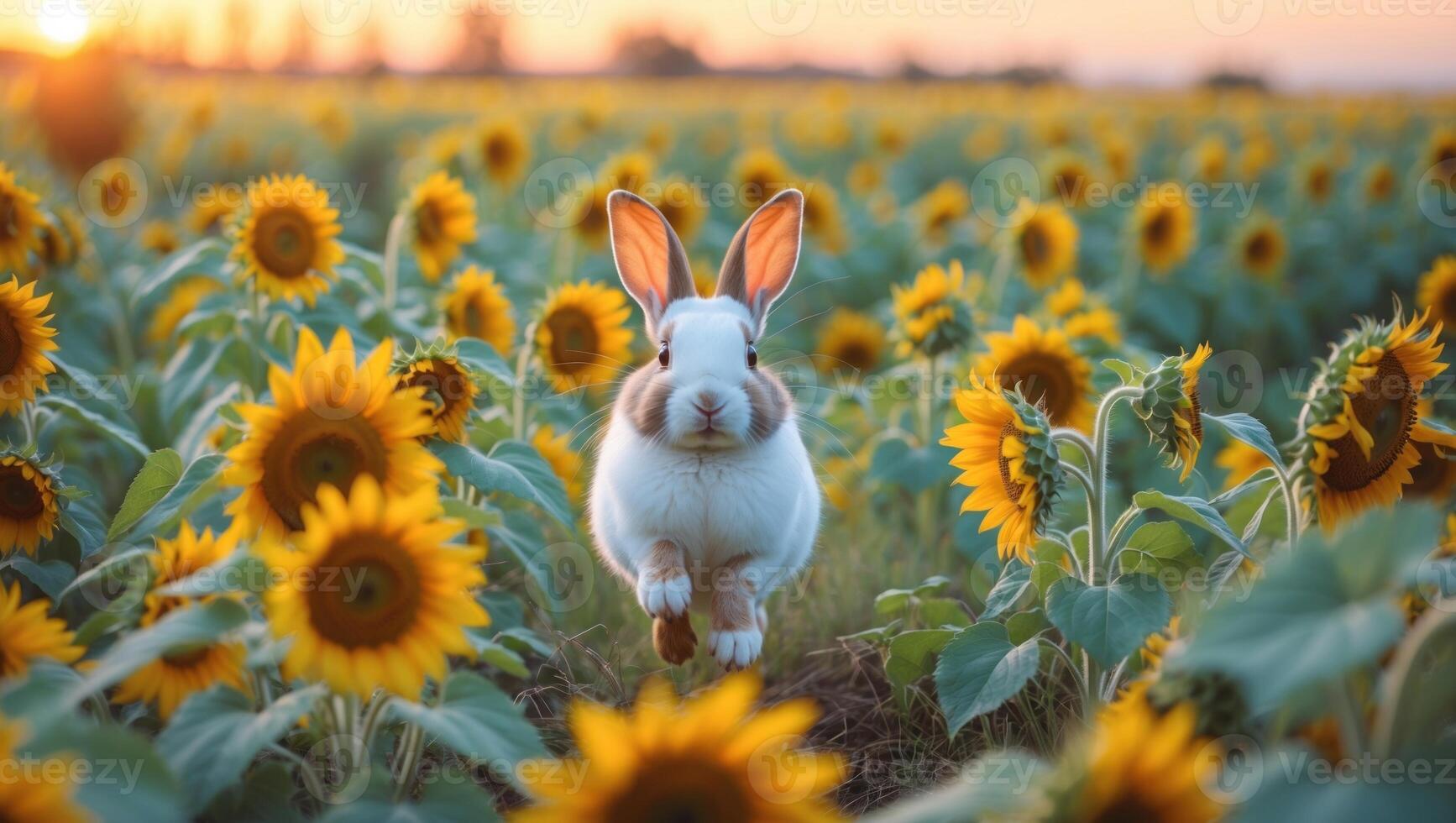 A playful rabbit hops through a vibrant sunflower field at sunset, capturing a joyful moment in nature photo