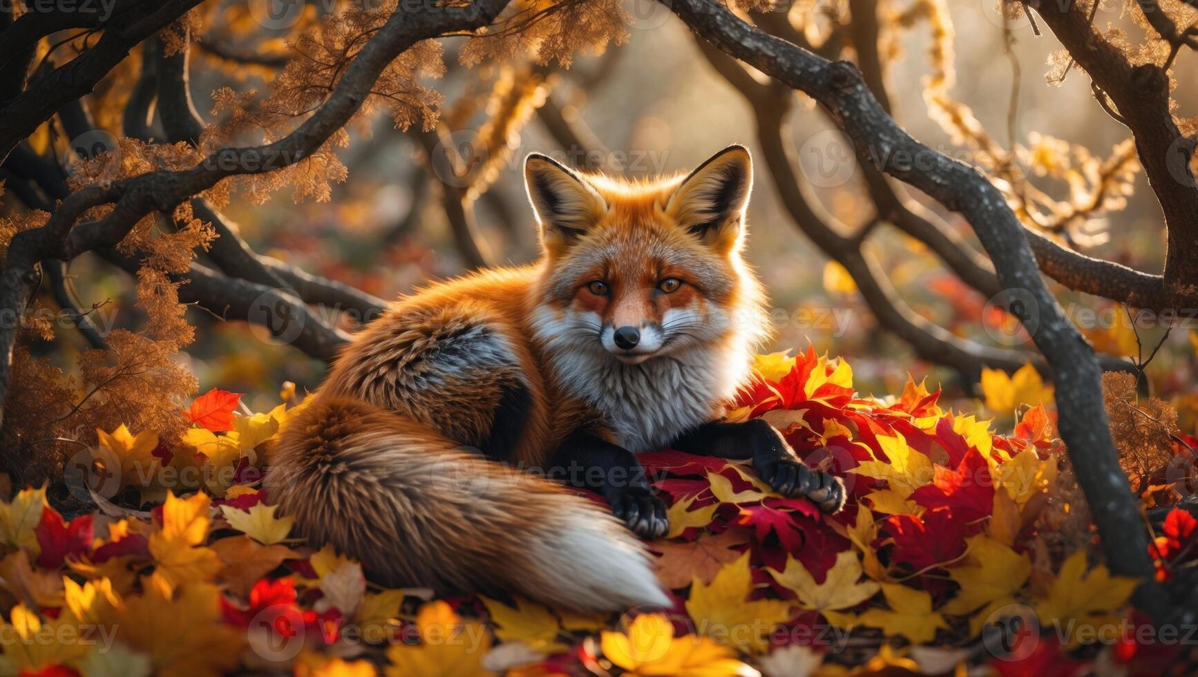 A serene red fox resting among vibrant autumn leaves in a forest, with soft sunlight filtering through branches photo