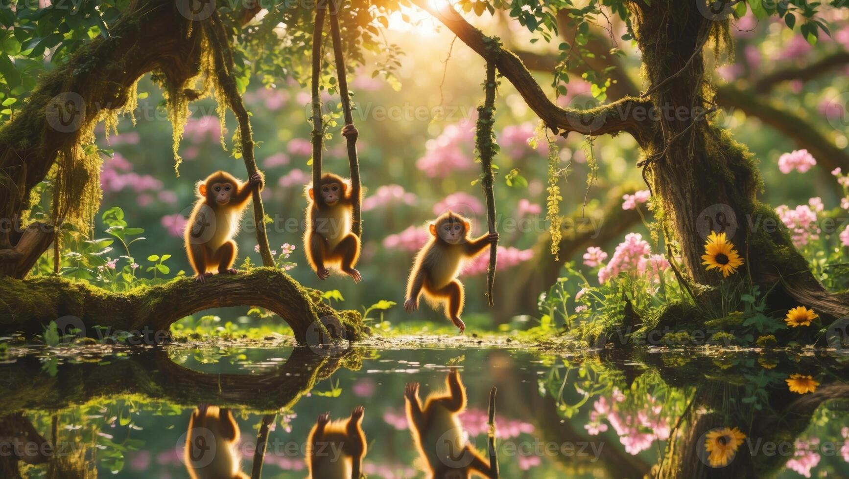 Playful monkeys swinging on vines in a vibrant forest filled with blooming flowers and reflections photo