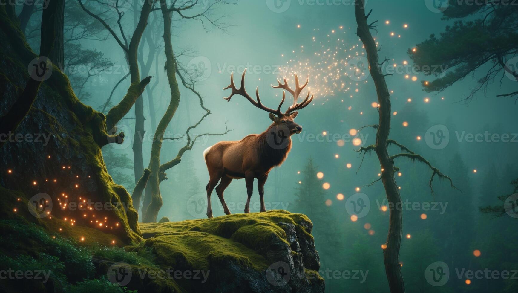 Majestic stag standing on a moss-covered rock in an enchanted forest, surrounded by glowing orbs photo