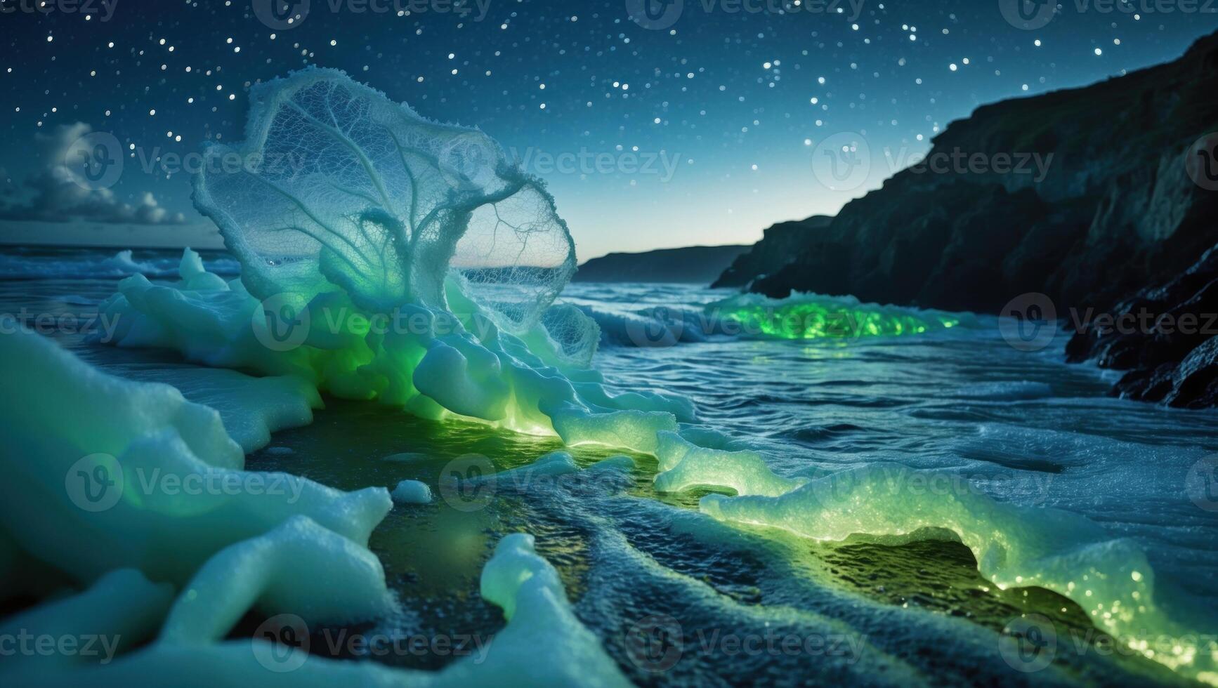 Ethereal nighttime seascape with glowing foam and starry sky illuminating rocky coastline photo